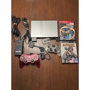 Sony PlayStation PS2 Slim Silver SCPH-77001 2 Controllers Memory Card Games READ
